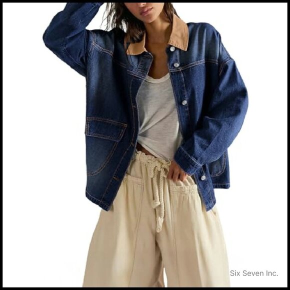 Oversized Color Block Denim Jacket Chic Boyfriend Fit Long Sleeve Button Down - Picture 2 of 8